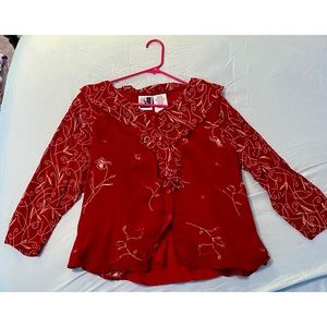 Red dress shirt with sheer sleeves and gold detail